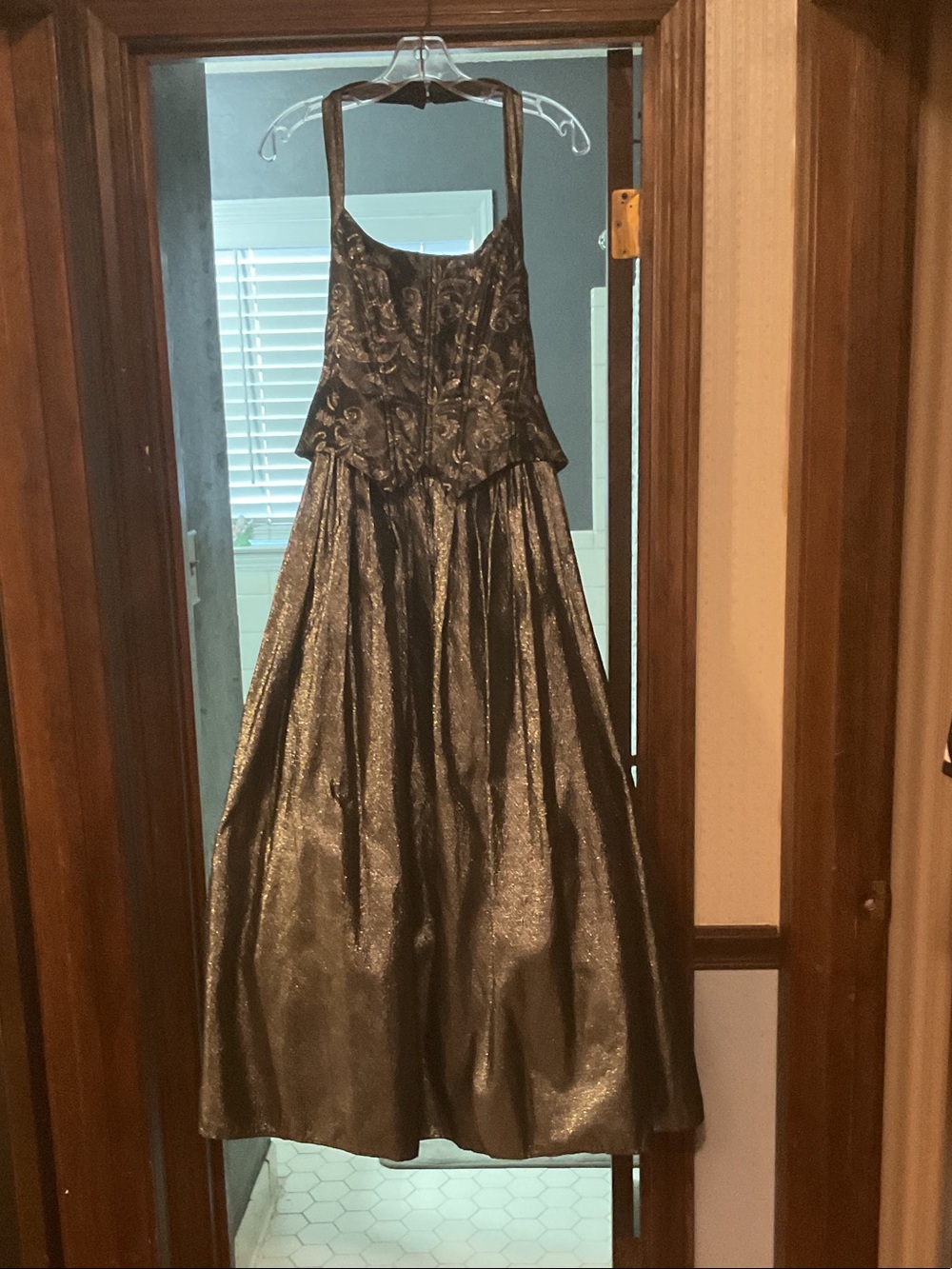 Bari Jay Metallic Black Cocktail Backless Gown